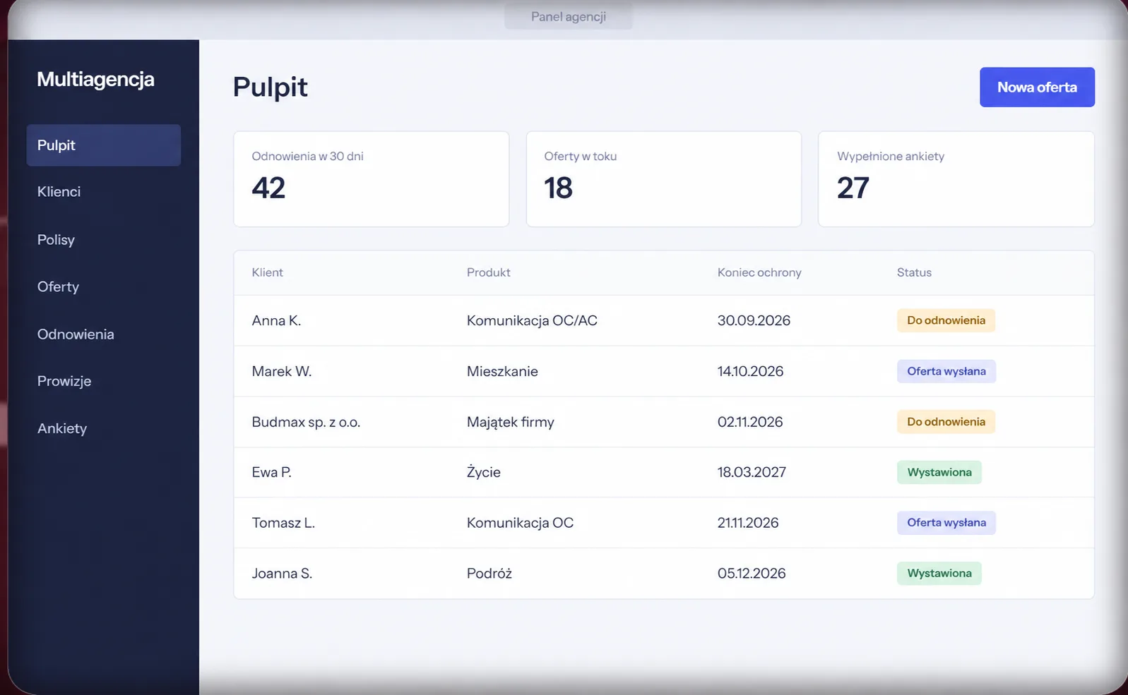 Agent dashboard with renewals, offers and policy statuses